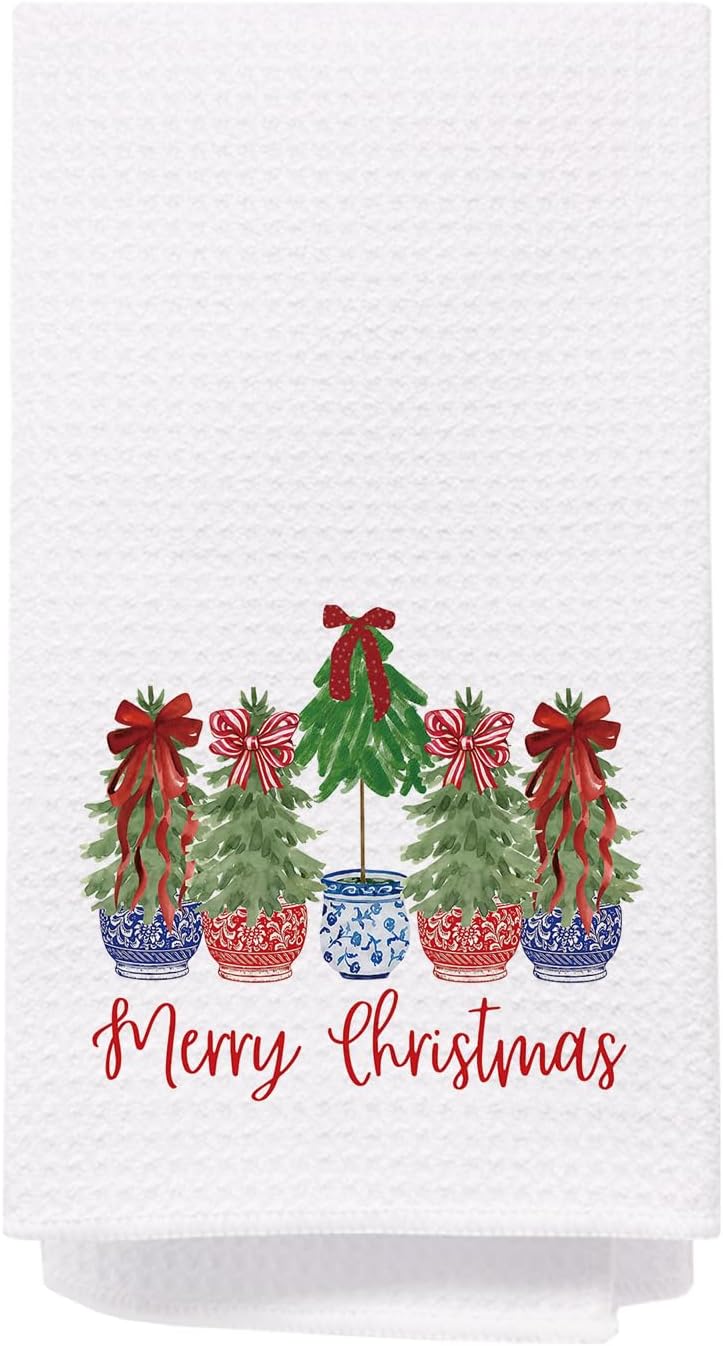 SPBL&L Chinoiserie Christmas Kitchen Towels, Christmas Tree Hand Towels for Bathroom, Chinoiserie Decor, Xmas Coquette Bows Dish Towel for Kitchen, Xmas Kitchen Bathroom Decor, 16x24 Inch - Image 1